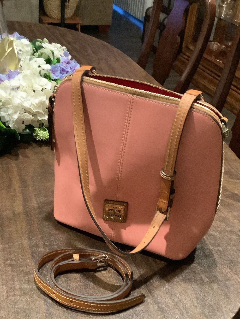 Dooney & Bourke Pink Crossbody with Tan Leather Trim & Gold Hardware never used